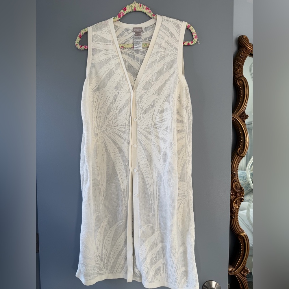 White Chico's sheer floral sleeveless top with button front